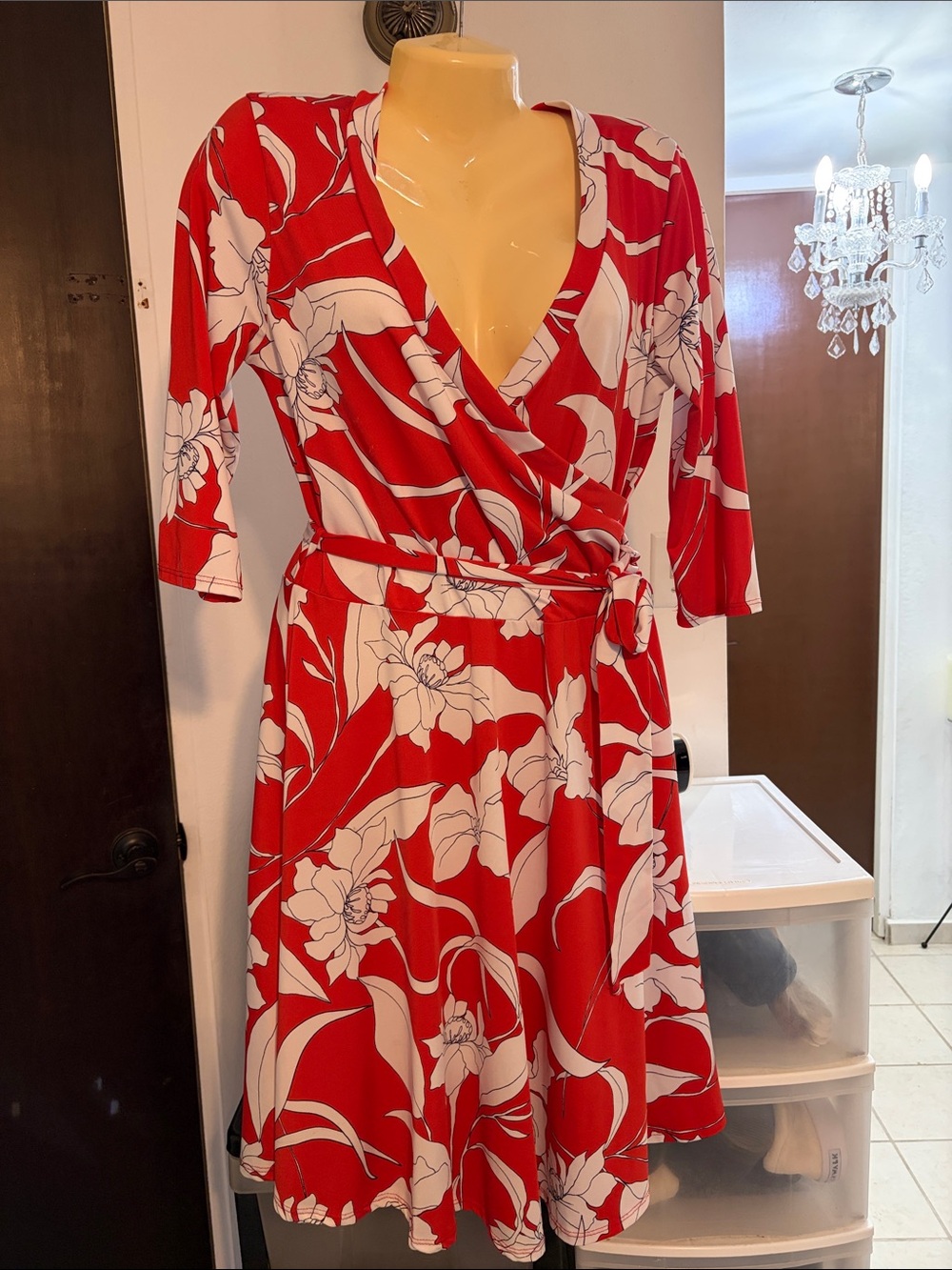 Rainbow Red & White Floral Wrap Midi Dress